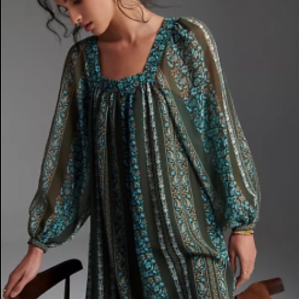 Anthropologie Women’s Blue Green Floral Sona Tunic Mini Dress Size Small - Picture 7 of 12